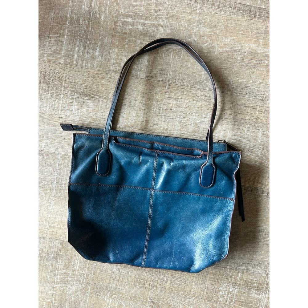 HOBO Leather Shoulder Tote Bag Blue Teal Zip Top Floral Lining Medium + Dust Bag - Picture 4 of 16